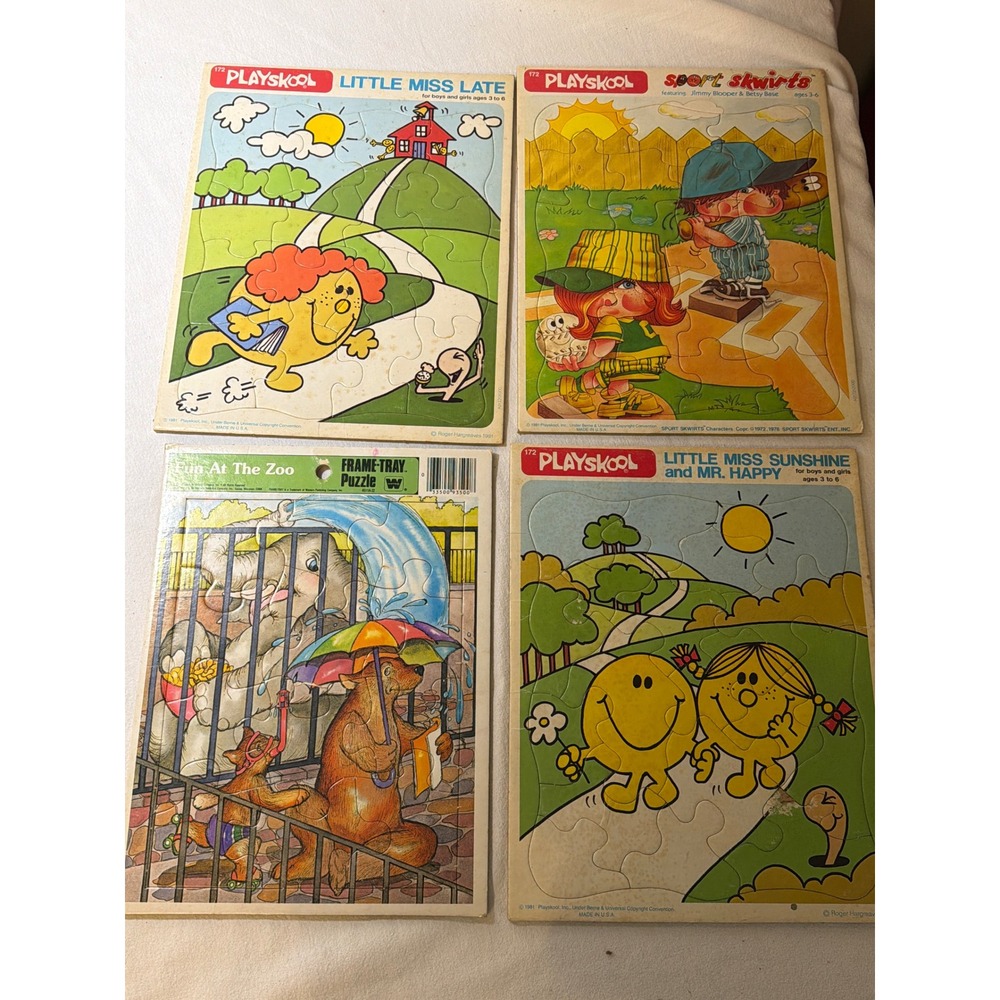 Vintage 1981 Playskool Little Miss Mr Men Whitman Zoo Frame Tray Puzzle Lot 4pc